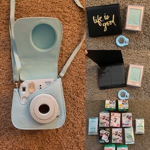Blue Instax Mini 8 Polaroid Camera and equipment